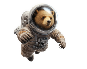 bear in space helmet floats in zero gravity, showcasing whimsical and adventurous spirit. This unique scene captures imagination and evokes sense of wonder