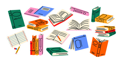 Stack of books and textbooks. Open books for learning and education. Bright cartoon notebooks, planners, dictionaries with literature. Retro stickers in the doodle 90s style  © Limpreom