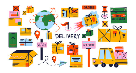 Delivery stickers. Food delivery, labels, tags, stickers, stamps, packaging with marking. Cool hipster stickers in 90s style. Vector set, trandy promo cartoon labels