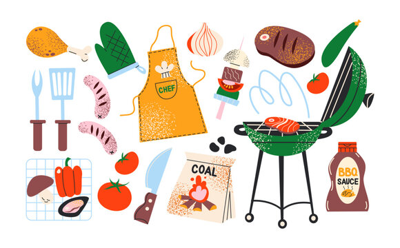 Outdoor barbecue and picnic elements. Grill, fried meat, steak, BBQ, chef's apron, vegetables. Set of tools for cooking meat on an open fire. Vector stickers in cartoon retro style