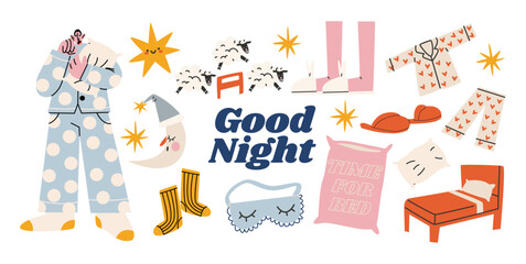 Cartoon good night stickers. Character in pajamas, cozy bed, pillows, moon, bedtime. Trendy night illustrations in doodle retro style. Trendy tags, patches, labels