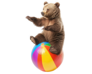 bear balancing on colorful beach ball, looking wobbly and playful. This amusing scene captures charm of wildlife in fun and whimsical way