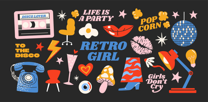 Retro stickers in the style of the 90s. Cartoon patches, labels, tags, stickers, stamps. Vinyl records, disco ball, nostalgia. Bright cartoon shapes in funky hippie doodle style