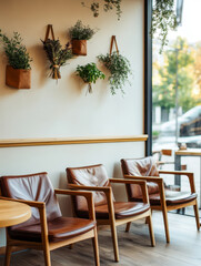 Fototapeta premium Empty leather chairs sitting in modern coffee shop with hanging plants