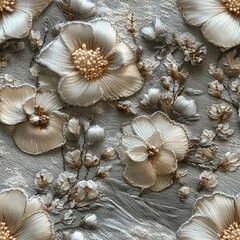 Seamless embroidery beautiful underwater flowers and plants in silver and grey colors pattern decor