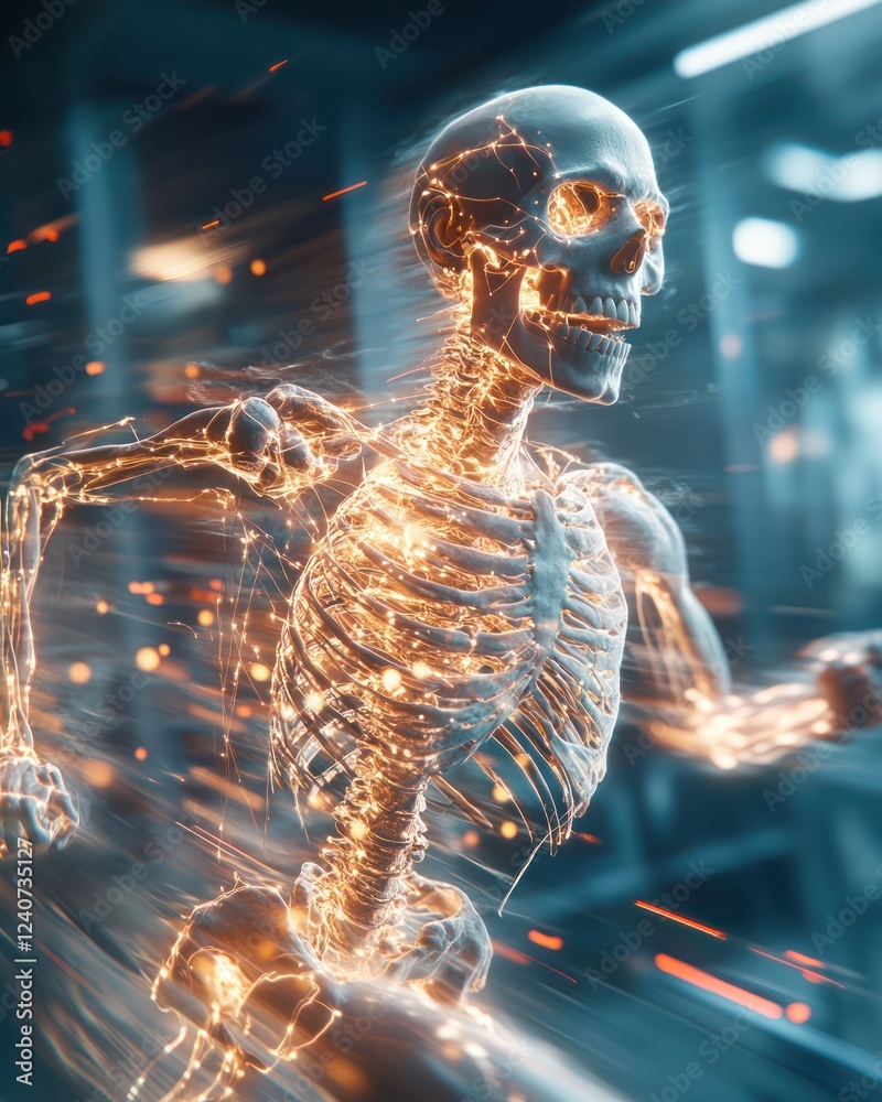 Poster futuristic running skeleton with energetic motion and glowing joints in a dynamic environment