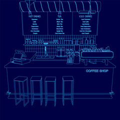 A blue image of a coffee shop with a menu board. The menu board has three sections. The coffee shop has a modern and clean design