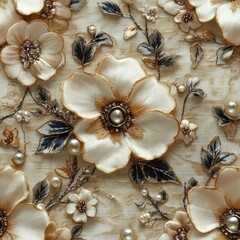 Seamless beautiful beige decorative flowers with jewellery pattern