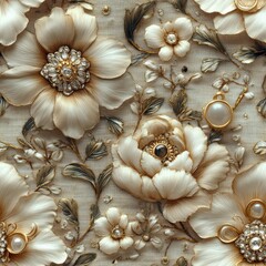 Seamless beautiful beige decorative flowers with jewellery pattern