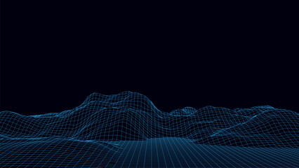 Vector mountain wireframe landscape. Technology polygonal terrain. Futuristic blue background.