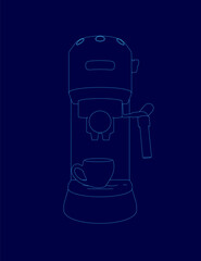 A coffee maker with a cup on top of it. The coffee maker is blue and has a handle