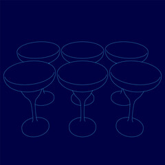 A series of six glasses are shown in a blue background. The glasses are all the same shape and size, and they are all lined up in a row. The image has a minimalist and modern feel to it