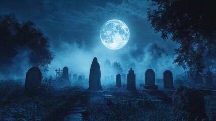 Foggy graveyard at night with hooded figure under full moon