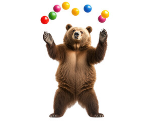 bear juggling colorful balls with playful expression, showcasing its skills and charm. This whimsical scene captures joy of performance and fun