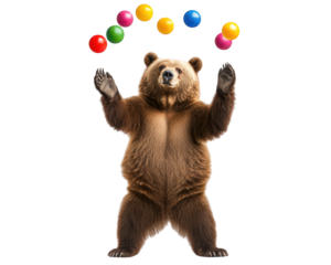 bear juggling colorful balls with playful expression, showcasing its skills and charm. This whimsical scene captures joy of performance and fun
