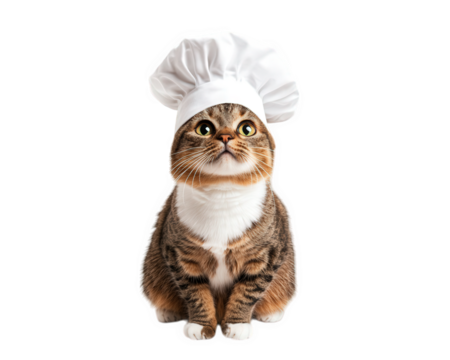 cat wearing tiny chef hat looks adorable and playful, pretending to cook in whimsical setting. This charming scene captures essence of fun and creativity