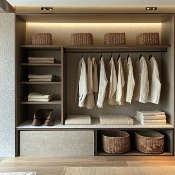 Organized Storage Space with Shelves, Baskets, and Neatly Folded Clothes