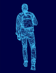 A man is walking with a backpack on. The image is in blue and has a futuristic feel to it