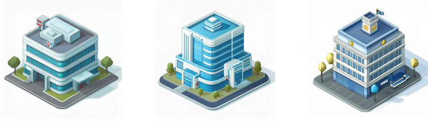 Fototapeta premium Isometric view of three modern buildings; one possibly a hospital, another an office building, and a third possibly a government building. Surrounding landscaping includes small trees.