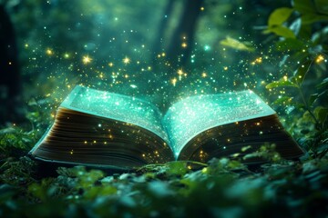 An Open Book Glows With Magical Light In A Mystical Forest, Symbolizing Knowledge, Enchantment, And The Power Of Stories.