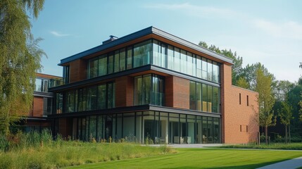 Fototapeta premium Modern glass brick house, green lawn, trees