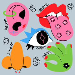 Five senses taste, hear, smell, sight and touch. Trendy vector illustration.