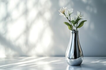 Sleek metallic vase holds delicate white flowers, reflecting sof