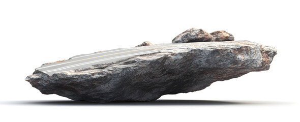 3D render of a floating rock with a road on top, broken and cracked, isolated on a white background. 