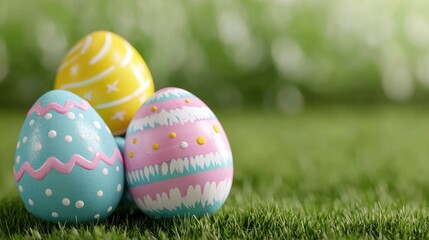 Fototapeta premium Pastel Easter eggs on grass, spring background (1)