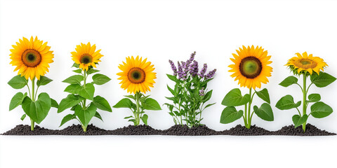 Field of sunflowers facing the sun, isolated on white background