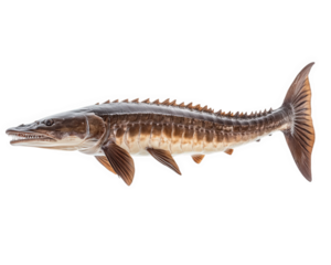 majestic sturgeon with long snout, showcasing its unique features and textures, isolated on transparency background. This fish is known for its impressive size and ancient lineage