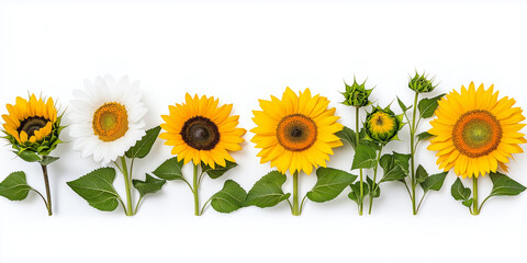 Field of sunflowers facing the sun, isolated on white background