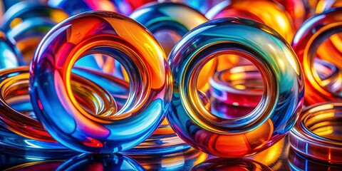 Abstract Colorful Glass Rings: Vibrant Blue, Orange, Pink Reflections Close-Up