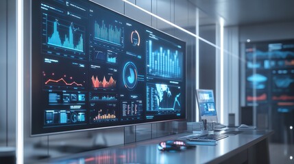 Modern office workspace with large interactive display showing data graphs and charts