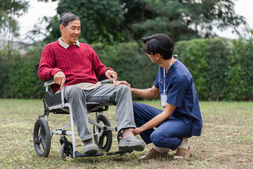 Nurse assisting elderly patient in wheelchair during outdoor therapy session in a lush garden