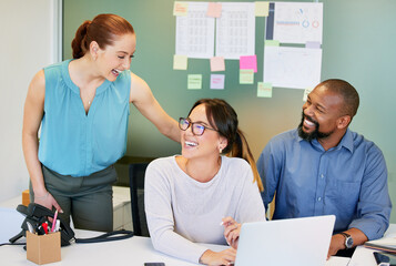 Fototapeta premium Collaboration, business people and laughing with laptop in office, tax research and report for bookkeeping. Teamwork, employees and accountant with digital for statement review, corporate and joke