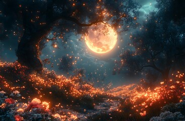 Obraz premium Mystical Forest Glowing Under Full Moon, with Shimmering Lights and Vibrant Flowers Illuminating Serene Landscape