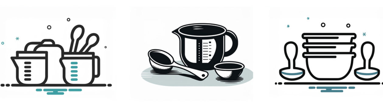 A set of kitchen utensil icons: measuring cups, mixing bowls, spoons, and a pitcher.  Simple line art style.