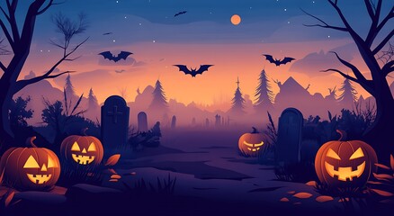 Halloween Sunset over Graveyard with Jack-o'-Lanterns A vibrant Halloween scene featuring a colorful sunset over a spooky graveyard with glowing jack-o'-lanterns and silhouetted bats creating a festiv
