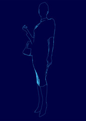 A woman is standing in a blue background with a purse in her hand. The image has a moody and mysterious feel to it, as the woman's silhouette is the only visible part of her