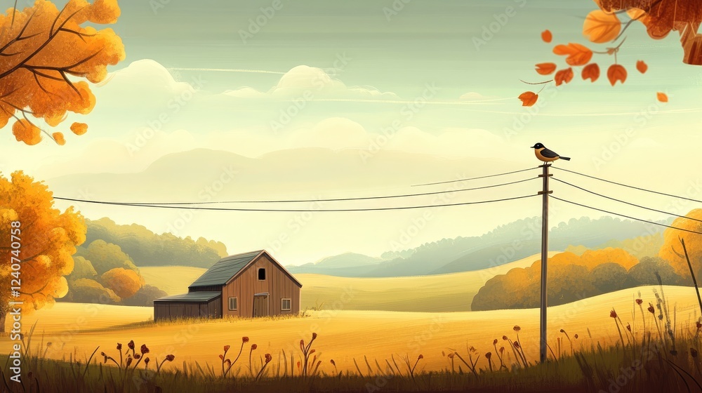 Poster a bird sits on a power line above a rural landscape with a charming barn and soft hills in the dista