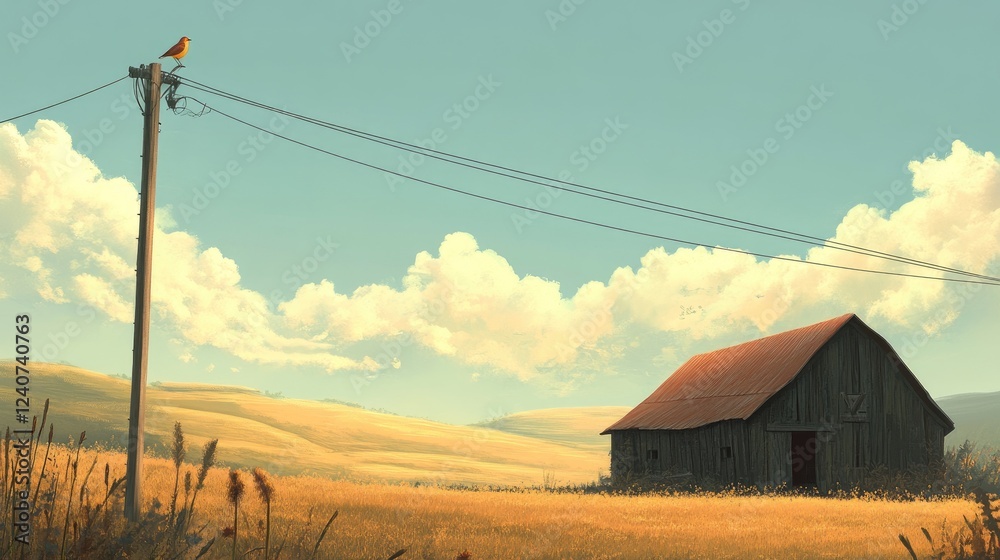 Poster a bird sits on a power line above a rural landscape with a charming barn and soft hills in the dista