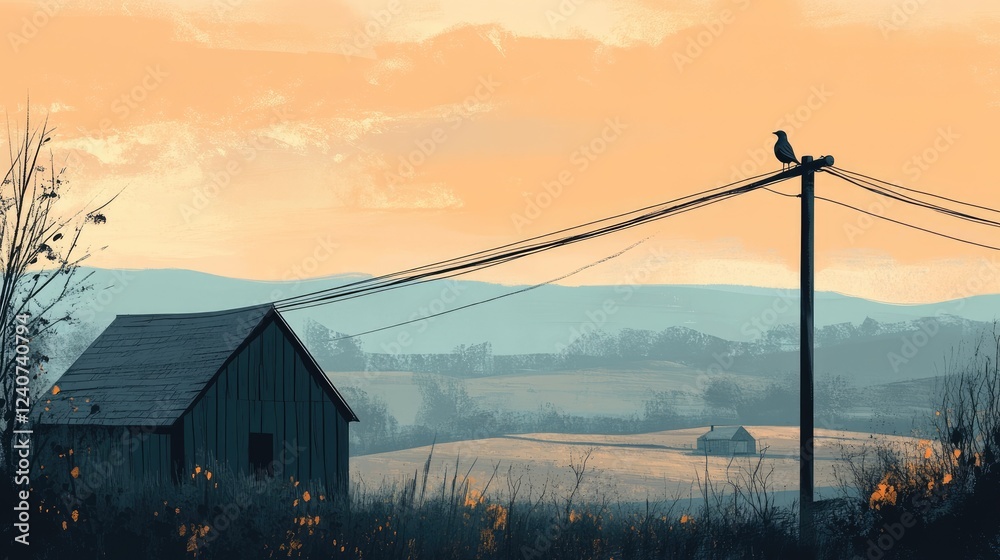 Poster A bird sits on a power line above a rural landscape with a charming barn and soft hills in the distance.