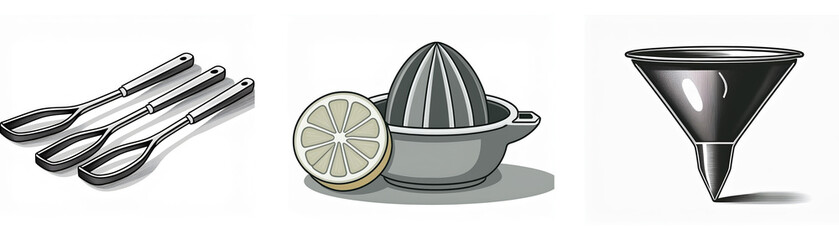 Three kitchen utensil icons: spoons, citrus juicer, and funnel.  Simple grayscale illustrations, useful for cooking websites or recipe books.