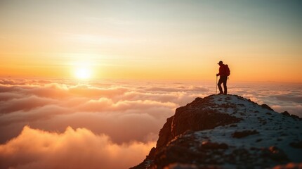 A lone hiker on snowy mountain at sunset