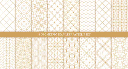 Vector set of 16 ornate seamless geometric pattern background with golden line in oriental and art deco style such as seashell, fan, arch, scale, wave, hexagon, square rhombus, diamond with swatch.
