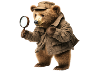 bear dressed as detective, holding magnifying glass, exudes curiosity and charm. This whimsical character is perfect for storytelling and playful themes