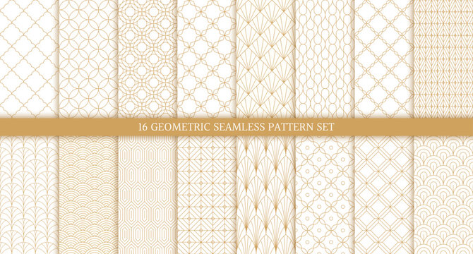 Vector set of 16 ornate seamless geometric pattern background with golden line in oriental and art deco style such as seashell, fan, arch, scale, wave, hexagon, square rhombus, diamond with swatch.