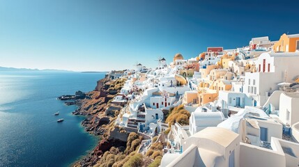 Naklejka premium A breathtaking high-angle view of Oia, Santorini, where the iconic whitewashed buildings cascade down the cliffside, framed by the deep blue of the Aegean Sea and clear skies.