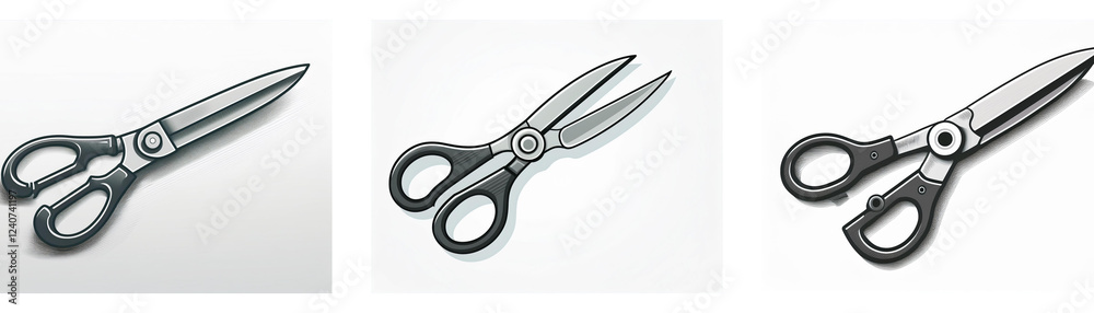 Poster three kitchen utensil icons: a set of scissors shown in different positions. these are useful tools 